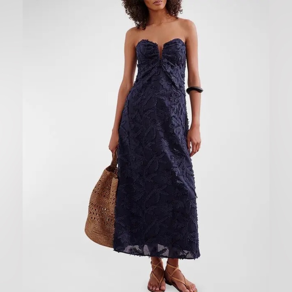 VIX PAULA HERMANNY Zhen Embroidered Strapless Maxi Dress Indigo Blue Size XS